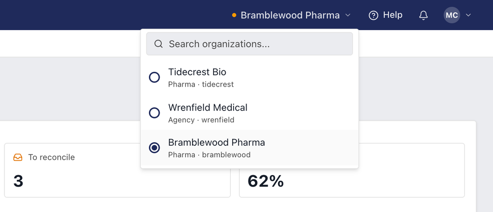 The workspace switcher open in the top bar, listing the agency's own workspace and two pharma client workspaces.