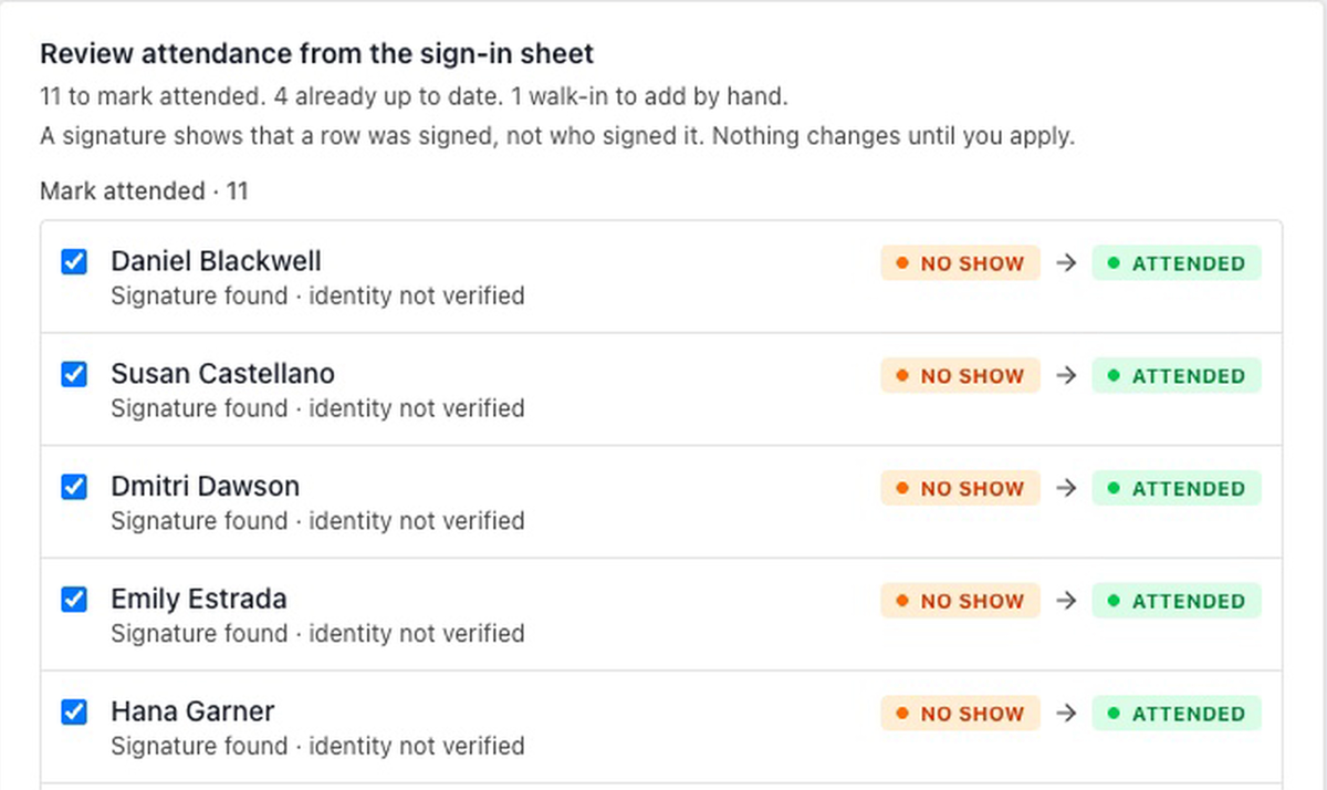 The optional assistant's attendance proposal from a photographed sign-in sheet: the roster rows it proposes to mark attended, each noting that a signature was found but the identity is not verified, waiting for a person to confirm.